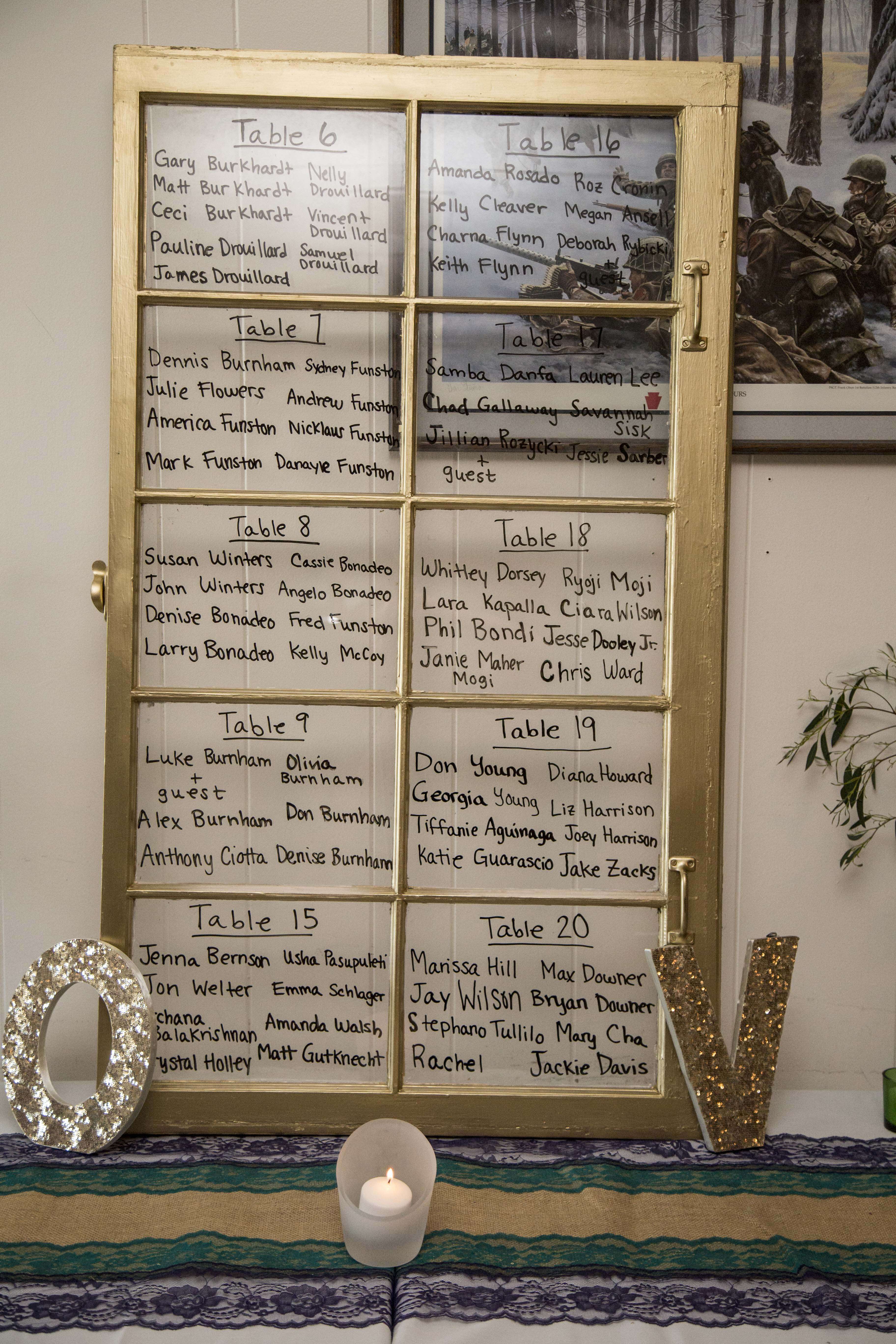 a list of names and tables written on a glass and wood vintage window panel, painted in gold, and ornamental big letters "O" and "V" with a small lit candle