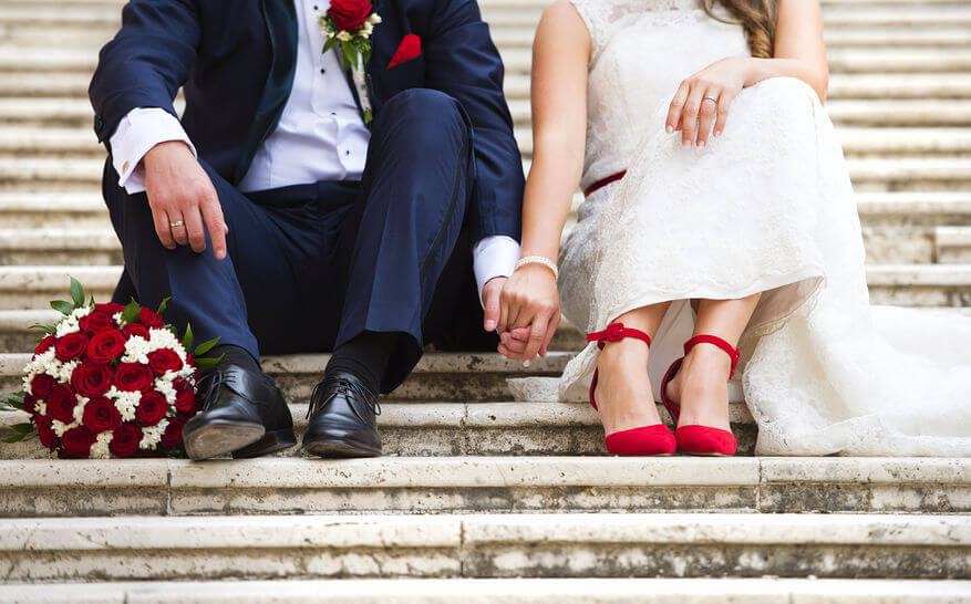 white wedding dress red shoes