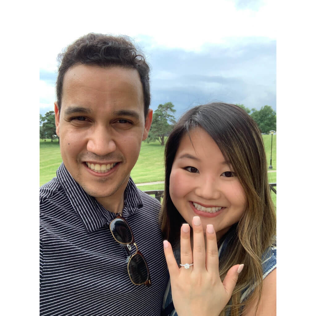 Jennifer Lee showing off her engagement ring with her fiancé, Christian