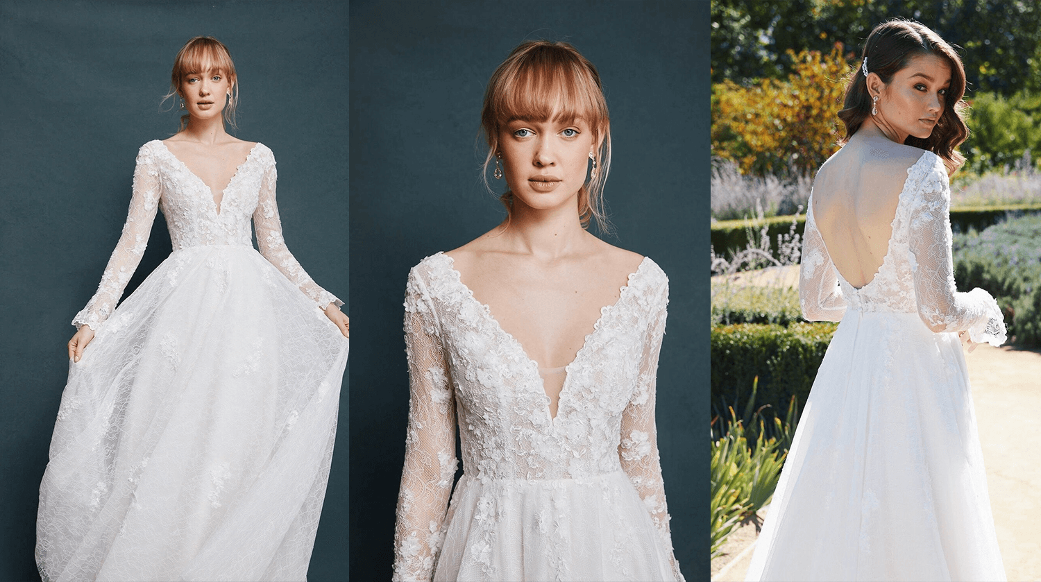 A lacy flowing wedding dress with long sleeves