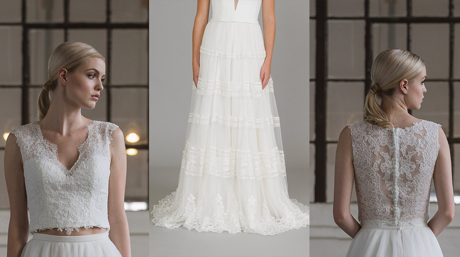 A lace top paired with a lacy skirt for a breezy spring wedding gown.