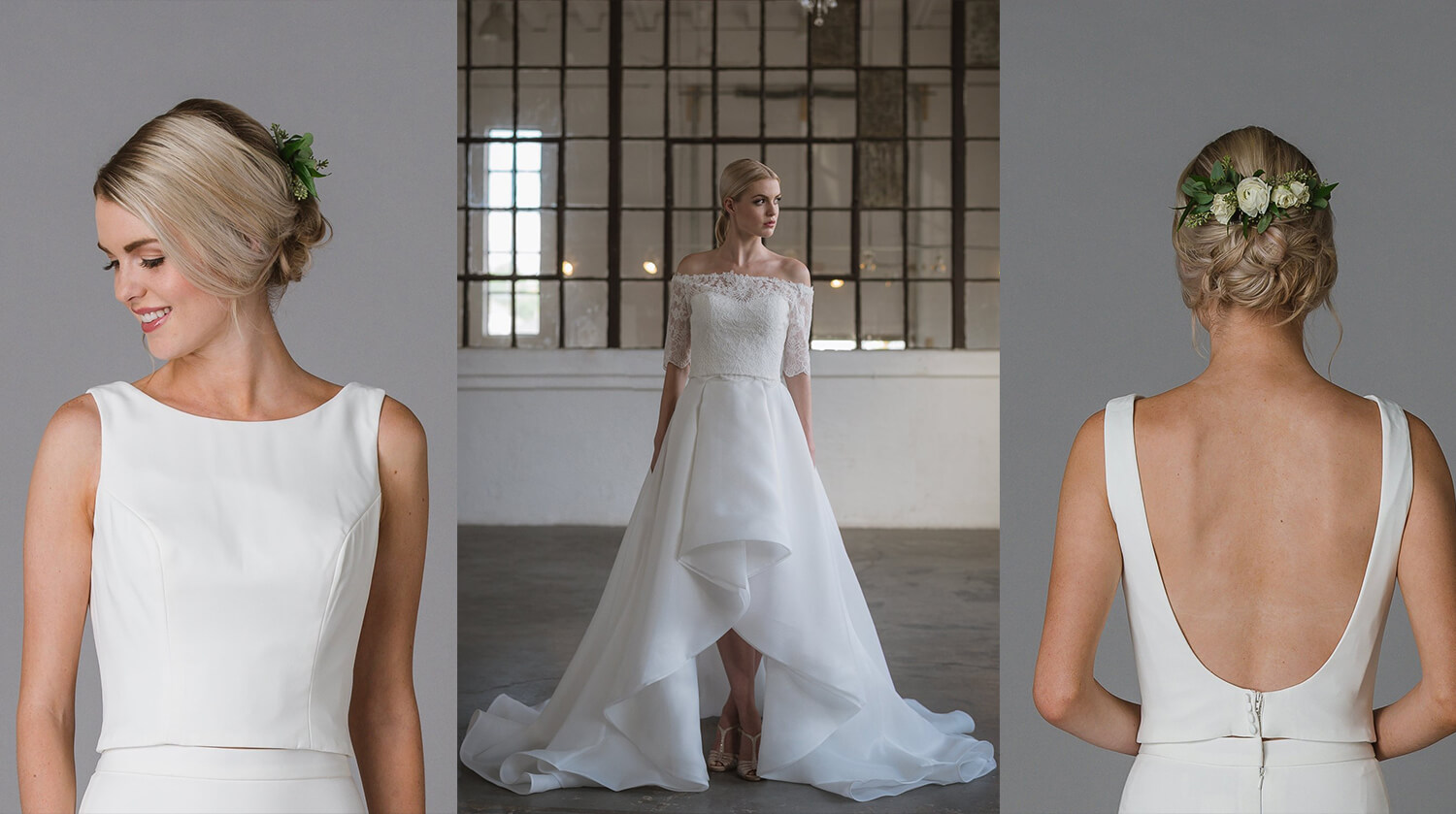 A dramatic wedding dress pairing with high-low hems and necklines