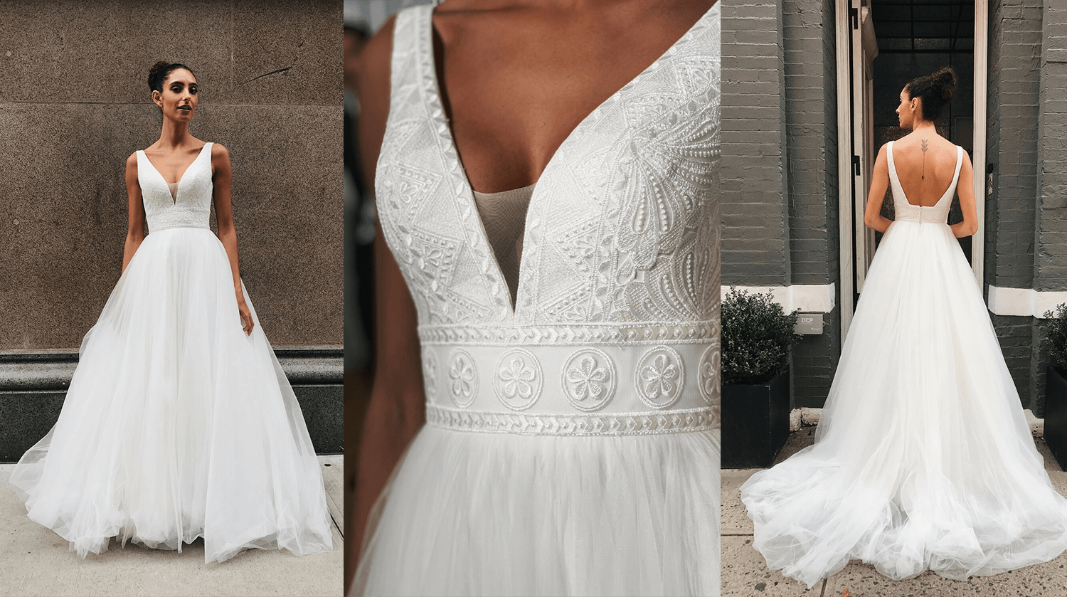 A bohemian ballgown with exquisite lace details on the bodice.