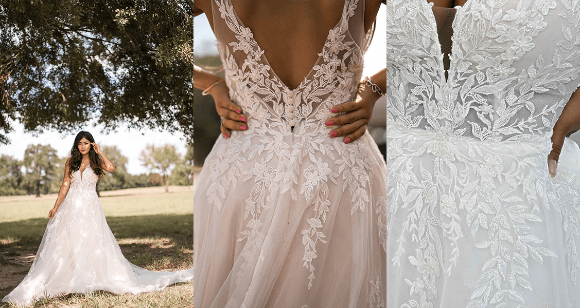 Stella York 7177 vine-like lace and soft glitter on a stunning flowy A-line