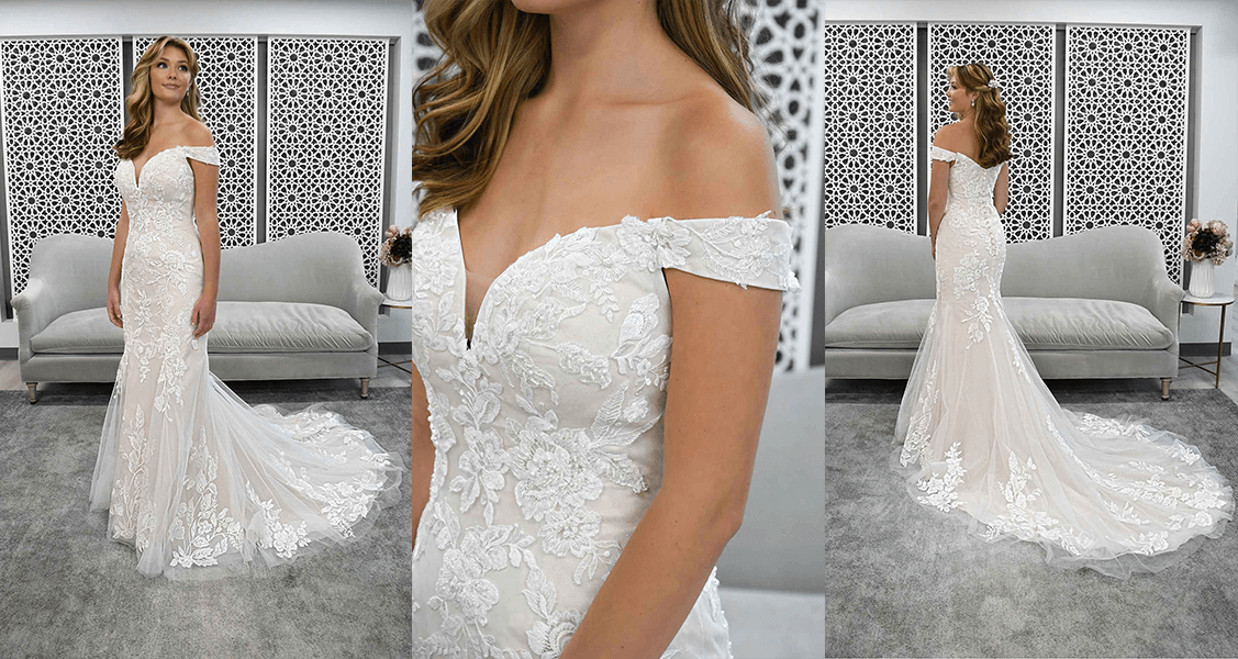 Stella York 7272 off the shoulder sleeves with pearl beaded lace