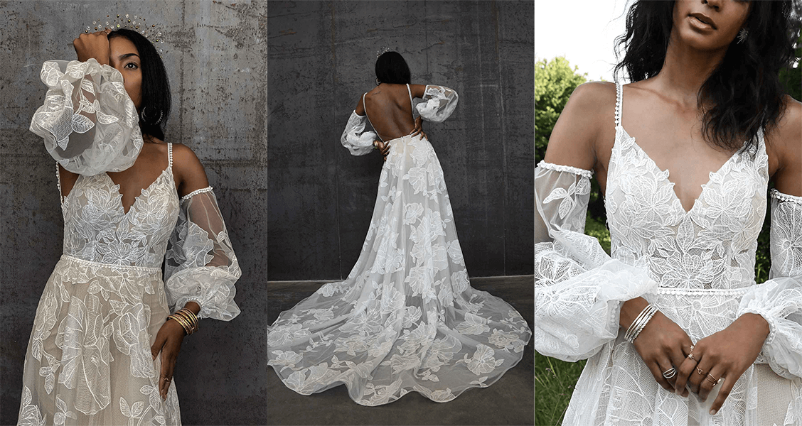 Apsen wedding gown from All Who wander featuring oversized lace and bell sleeves