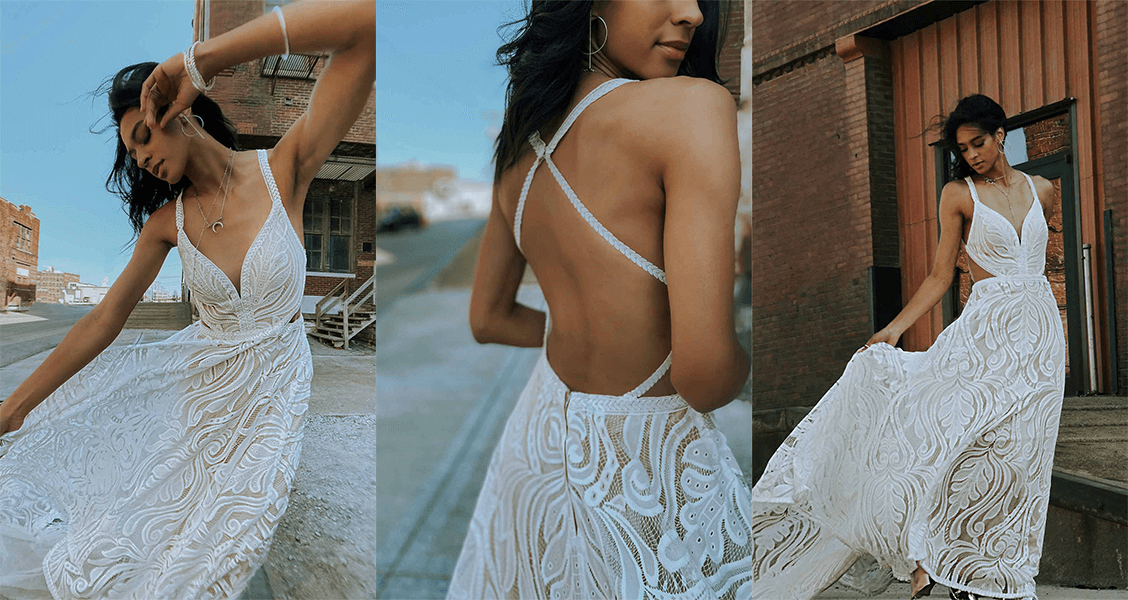 Jaden wedding gown from All Who Wander featuring crossing back straps and graphic lace