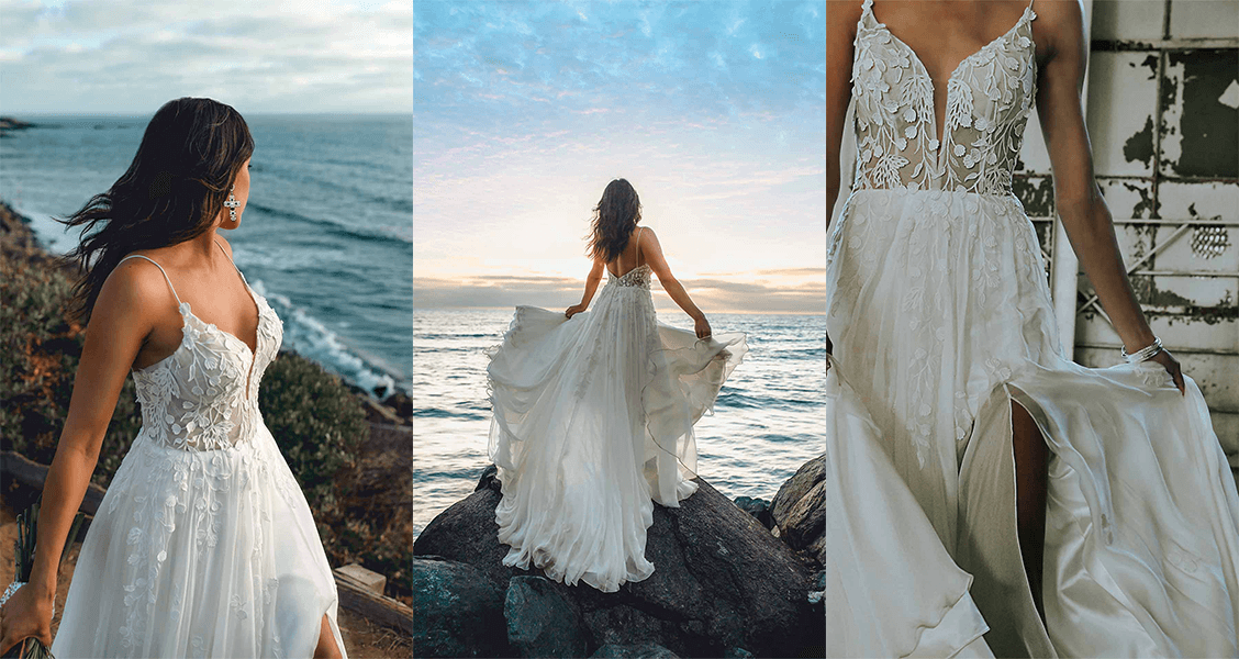 The Muse wedding gown from All Who Wander with a high slit and flowing layers.