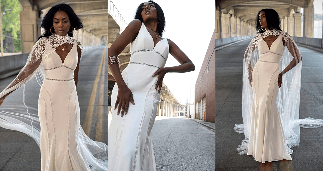 The Rory wedding gown from All Who Wander featuring a dramatic cape