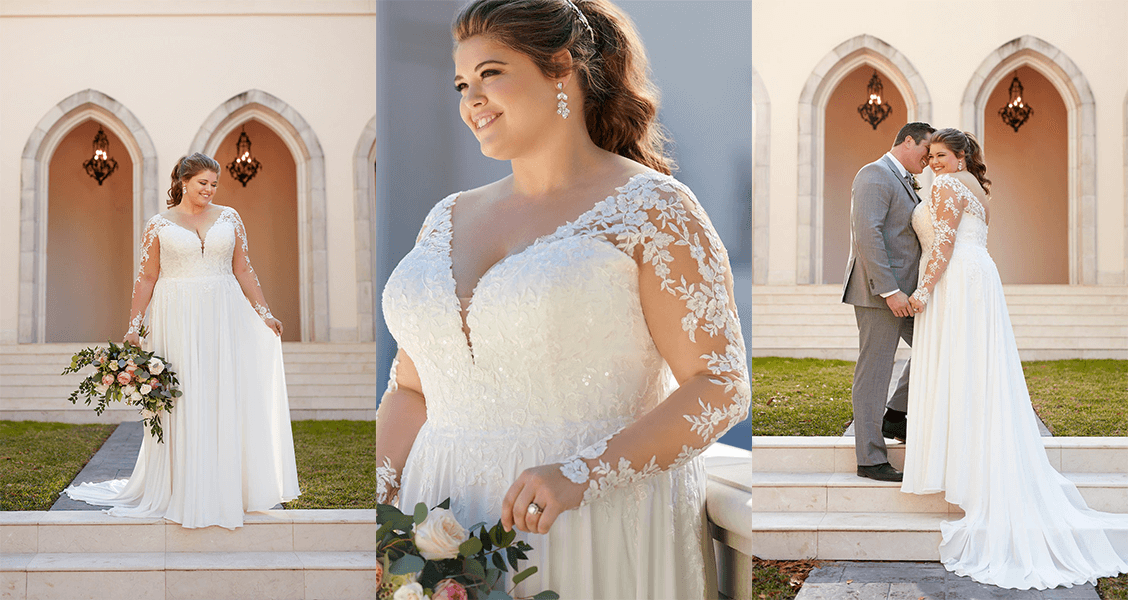 The Arwyn gown from Stella York in plus-size, featuring lace sleeves and a flowing skirt.