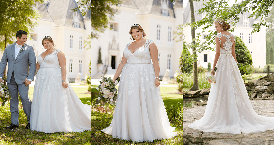 The Iris gown from Stall York in plus size with a sweetheart neckline and illusion lace back.