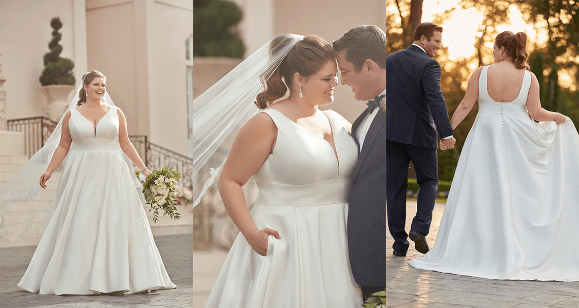 The Liv wedding gown from Stella York in plus size featuring a low scoop back and covered buttons.