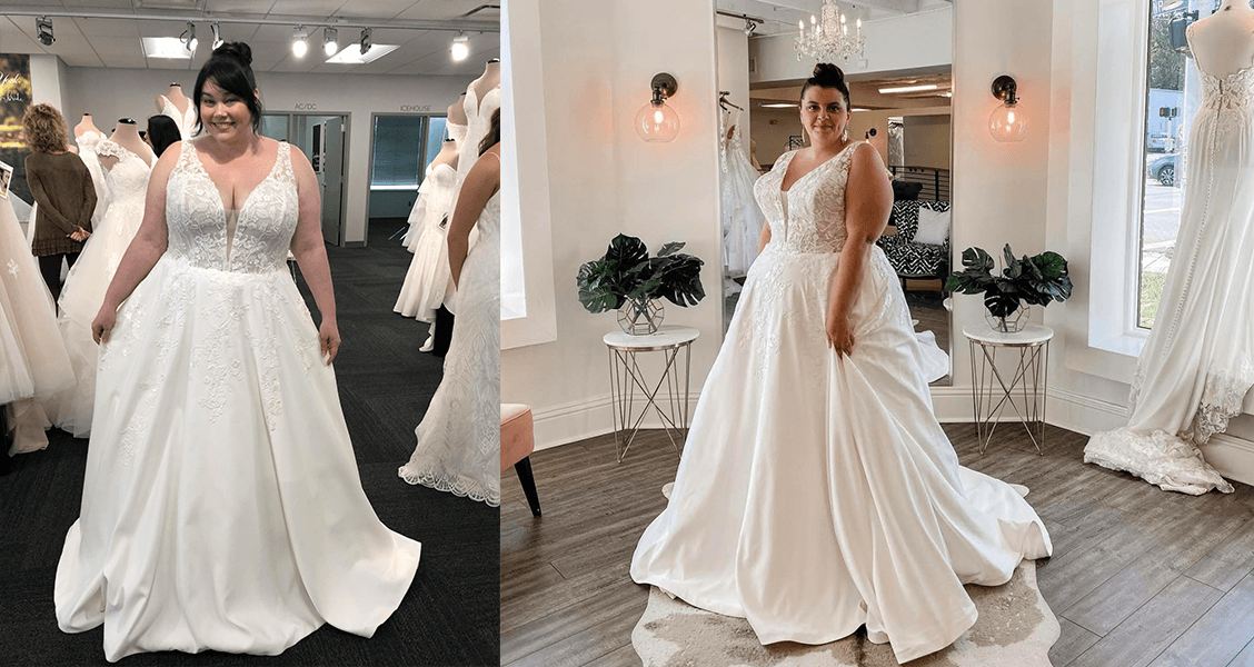 The Mallorie gown from Stella York in plus size, shown on two real brides at The White Dress