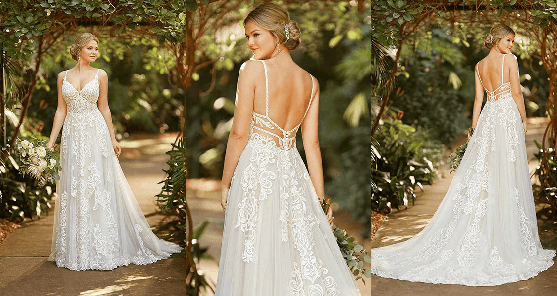 Essense of Australia D3094: A flowing A-line with a statement back.