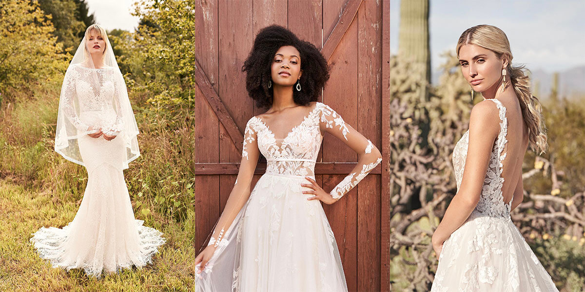 A collage of dresses from the wedding dress designer Lillian West.