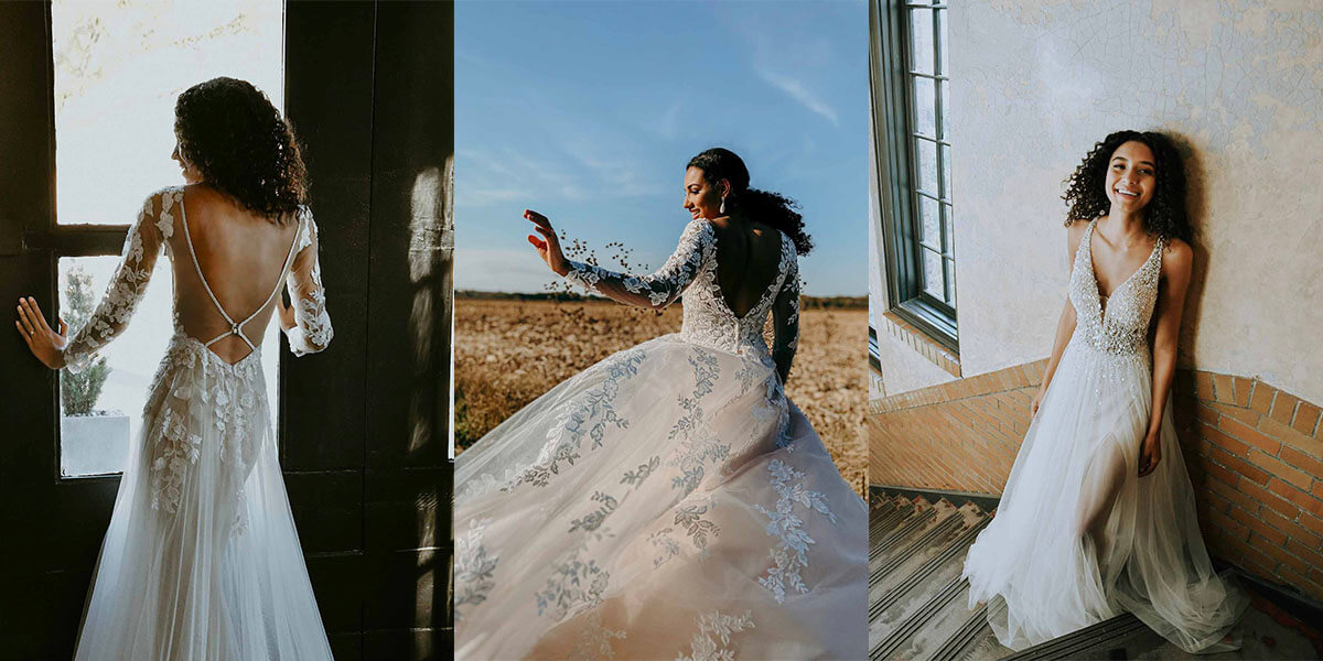 Images of brides wearing styles of wedding dresses from Stella York