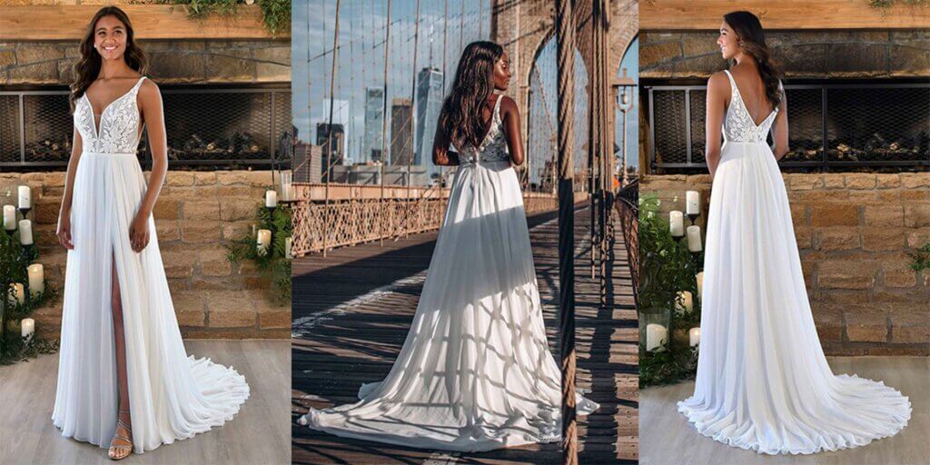 Fawna: flowing A-line wedding dress with a modern slit.