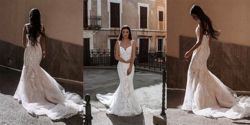 Alma: a wedding dress with gorgeous lace over English net and organza.