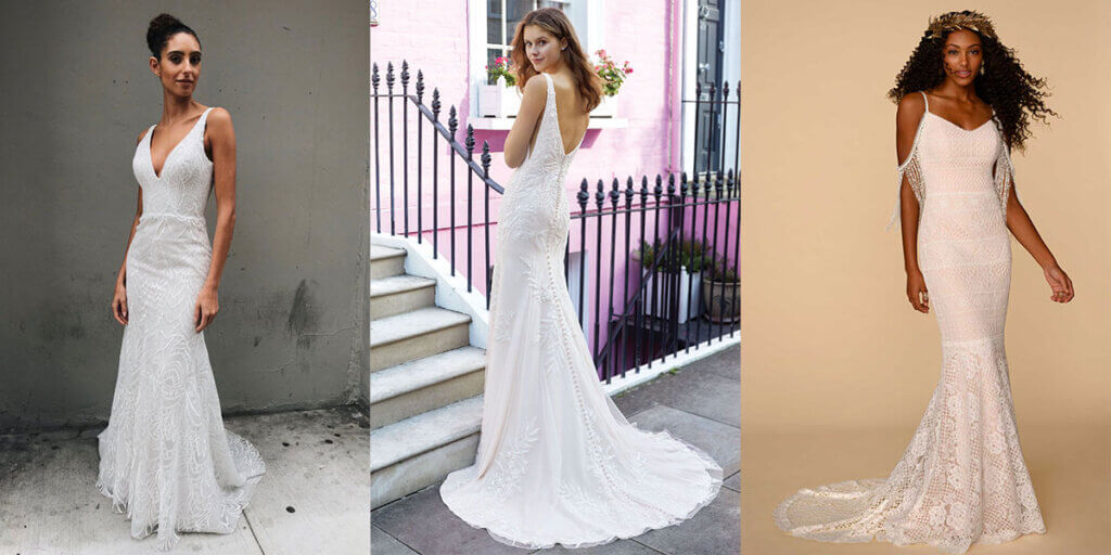 Wedding dresses in drop waists, straight silhouettes, and beaded lace.