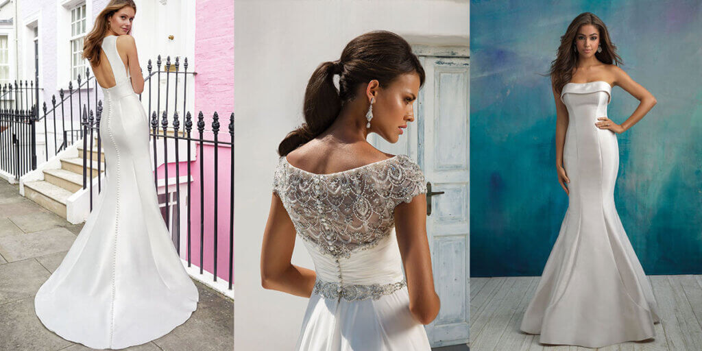 High necklines, princess seams, and clean lines in wedding dresses.