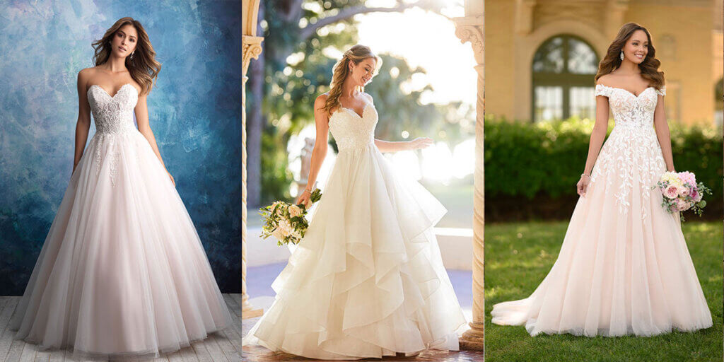 Strapless necklines, embellishments, and ball gowns in wedding dresses.