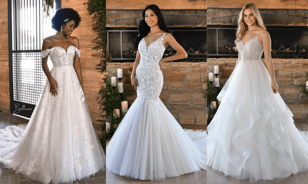 3 brides in ballroom wedding dresses