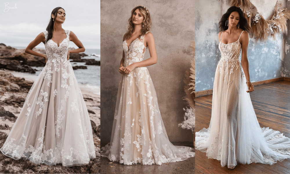 3 brides wearing beach wedding dresses