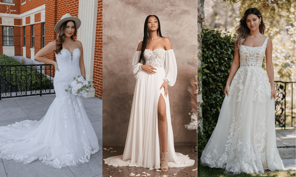 3 brides wearing barn wedding dresses