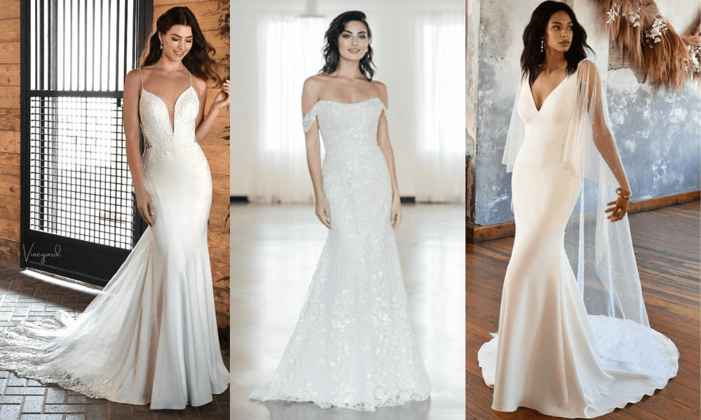 3 brides wearing vineyard wedding dresses