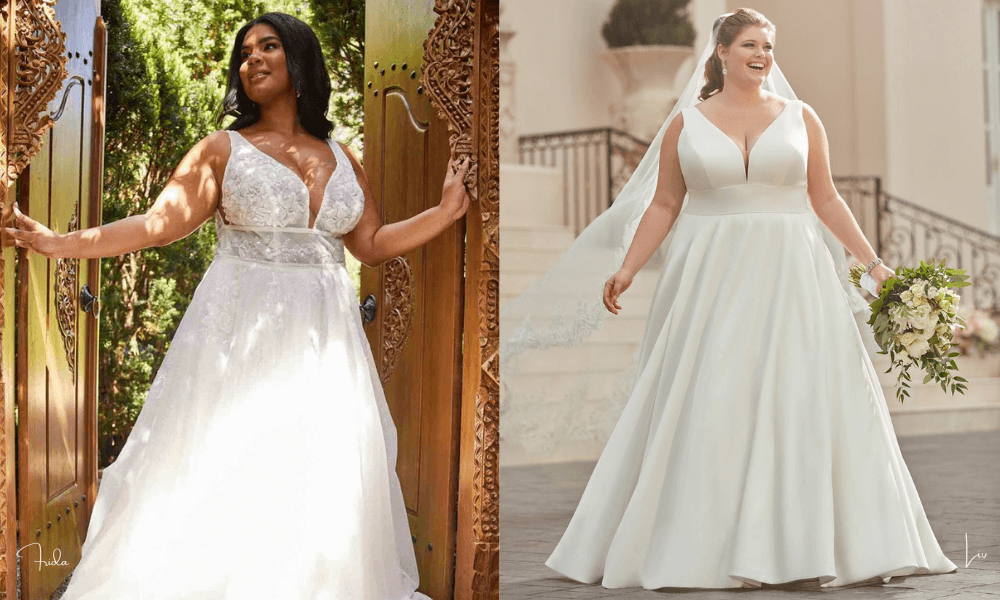 two bridal dresses with wide wastebands