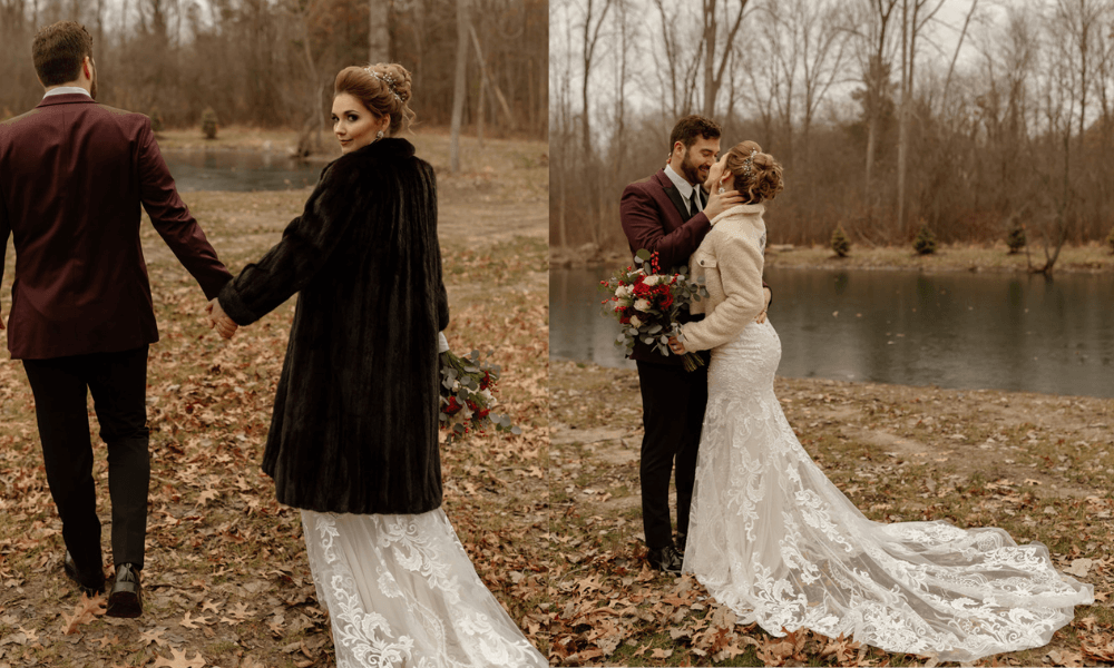bride and groom wearing coats outdoor