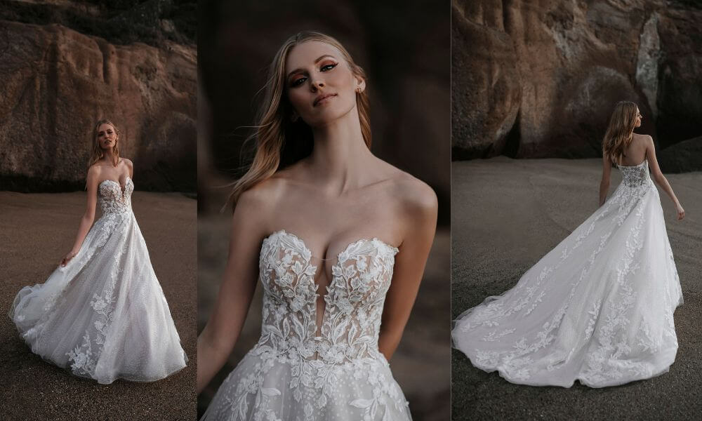 3 photos of a beautiful bride wearing a deep v-neck dress with flower lace and shiffon
