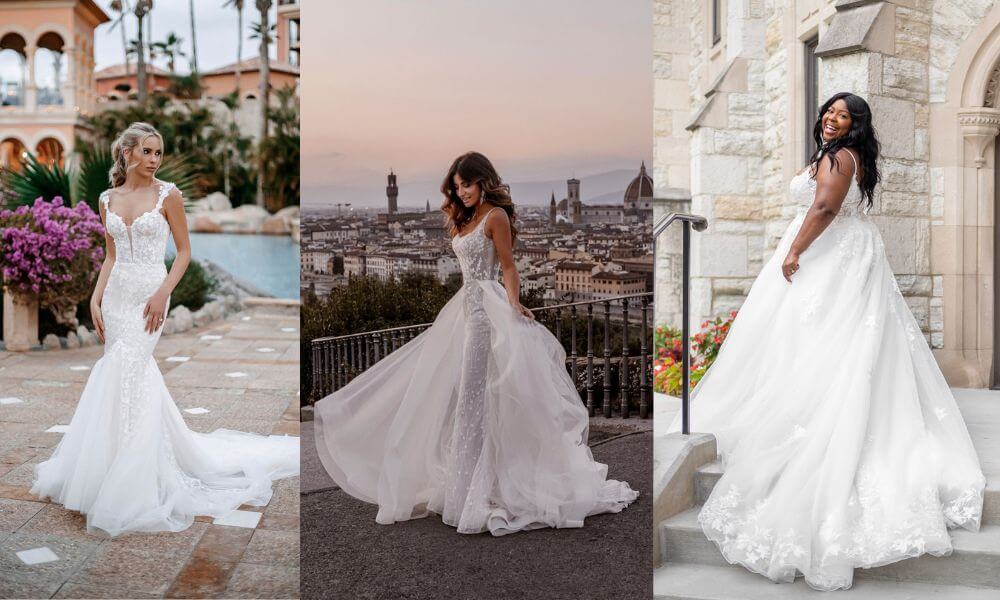 3 beautiful brides in their wedding dresses in different styles and sizes