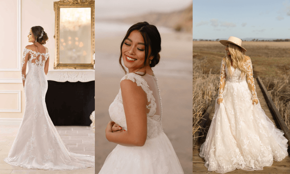 3 beautiful lace wedding dresses with custom sleeves of different lengths. Custom dresses are more costly than off the rack dresses