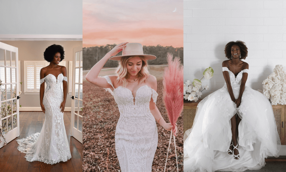 3 designer wedding dresses in an aesthetic setting. Designer dresses are more expensive