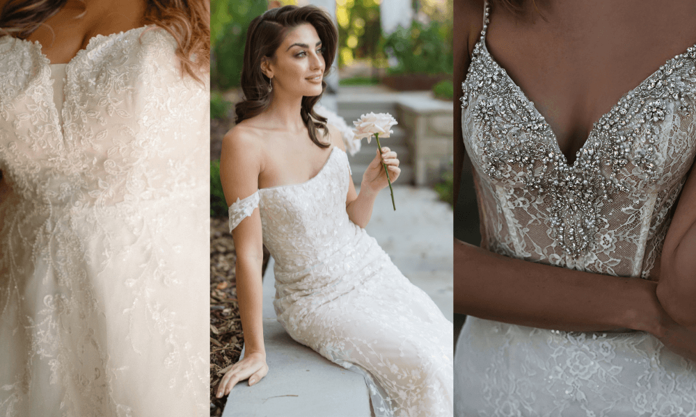 close up on three different, beautiful wedding dresses to show the details in the beading and lace which makes a dress more expensive