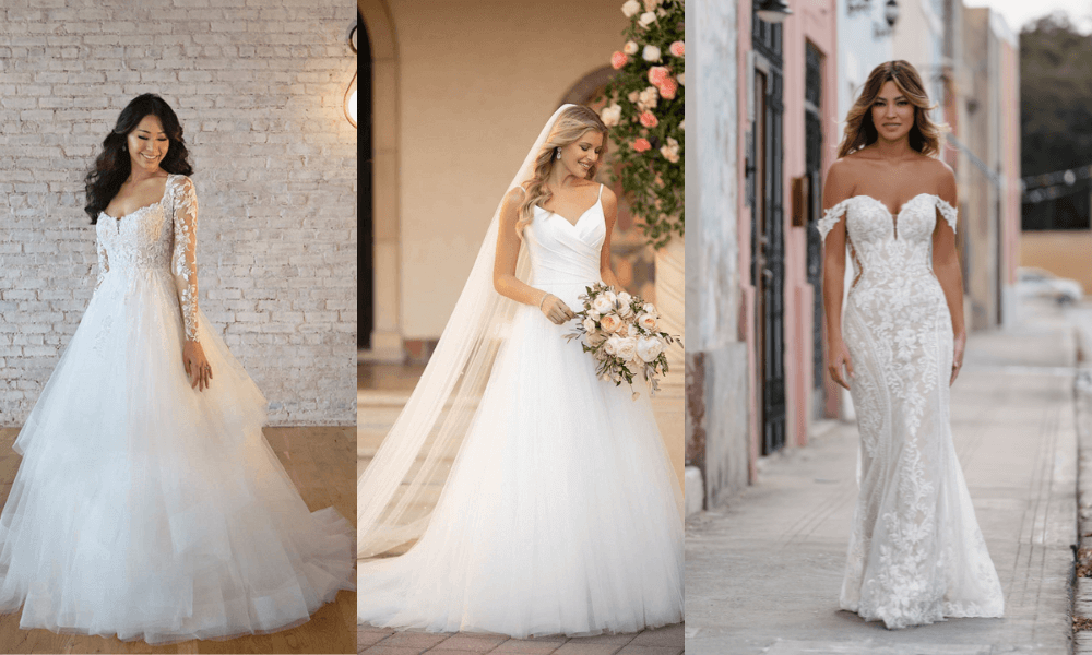 3 wedding dresses with different fabric, chiffon, silk and lace make a difference in the price of a dress