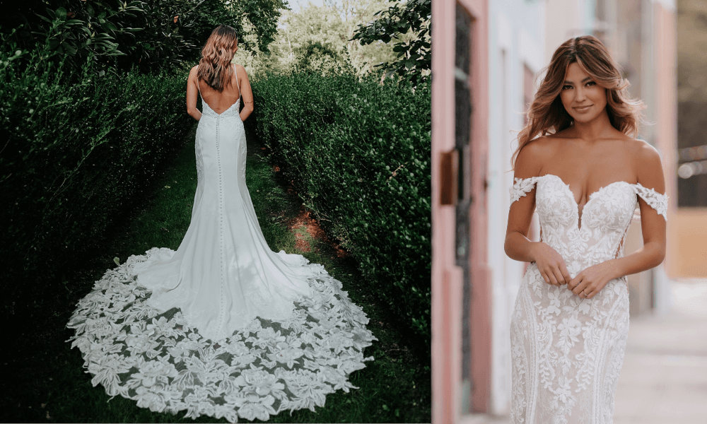 two beautiful wedding dresses that show how much labor go into a dress, one with a long lace train and another lace dress with low sleeves