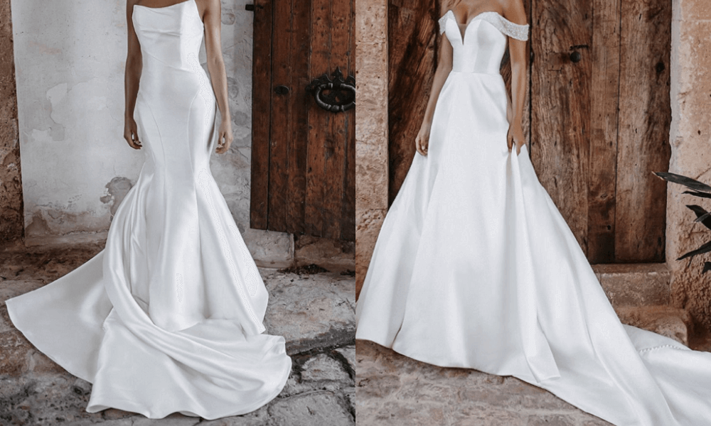 2 sleek wedding dresses with a little shine and beautiful geometric outline