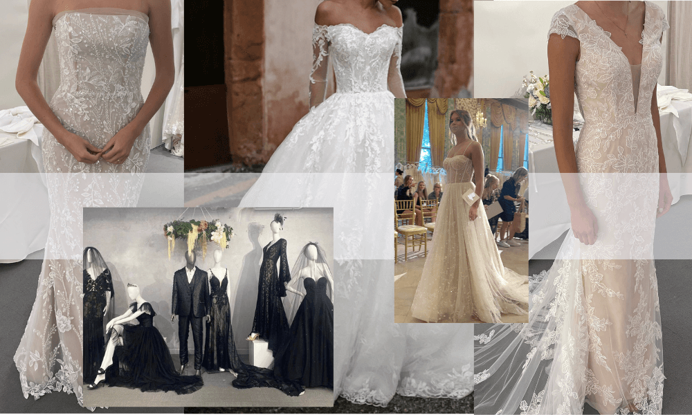 collage of different dresses from the 2022 Fall bridal market