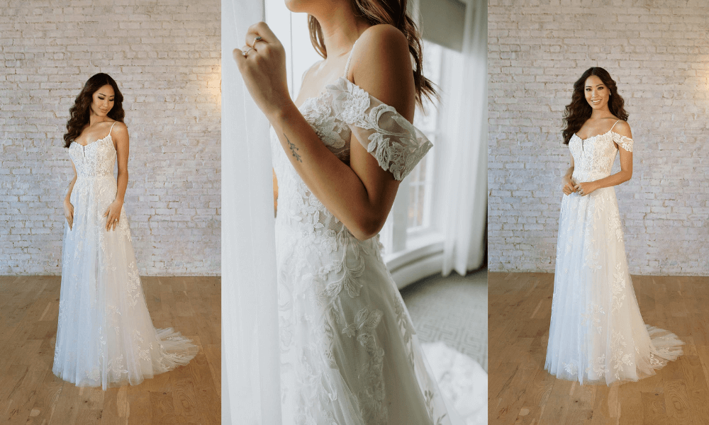 shiffon and lace wedding dress with two options of sleaves