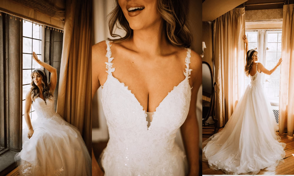Beautiful v-neck wedding dress with thin floral sleeves