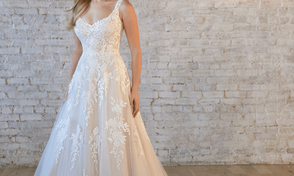 close up on a floral lace wedding dress