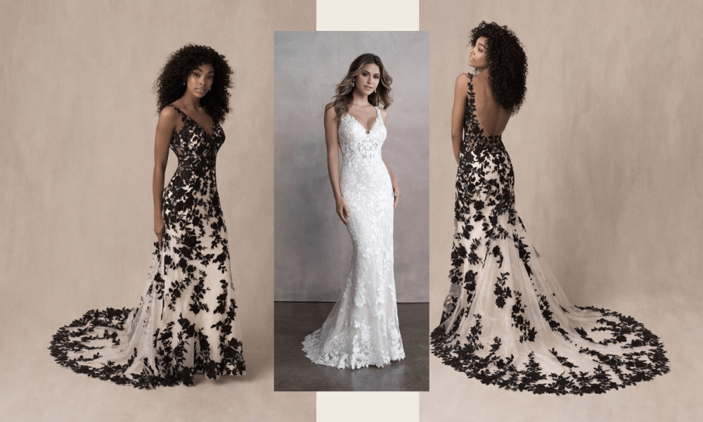 Allure Bridal dress in two colors, white and white with black floral lace