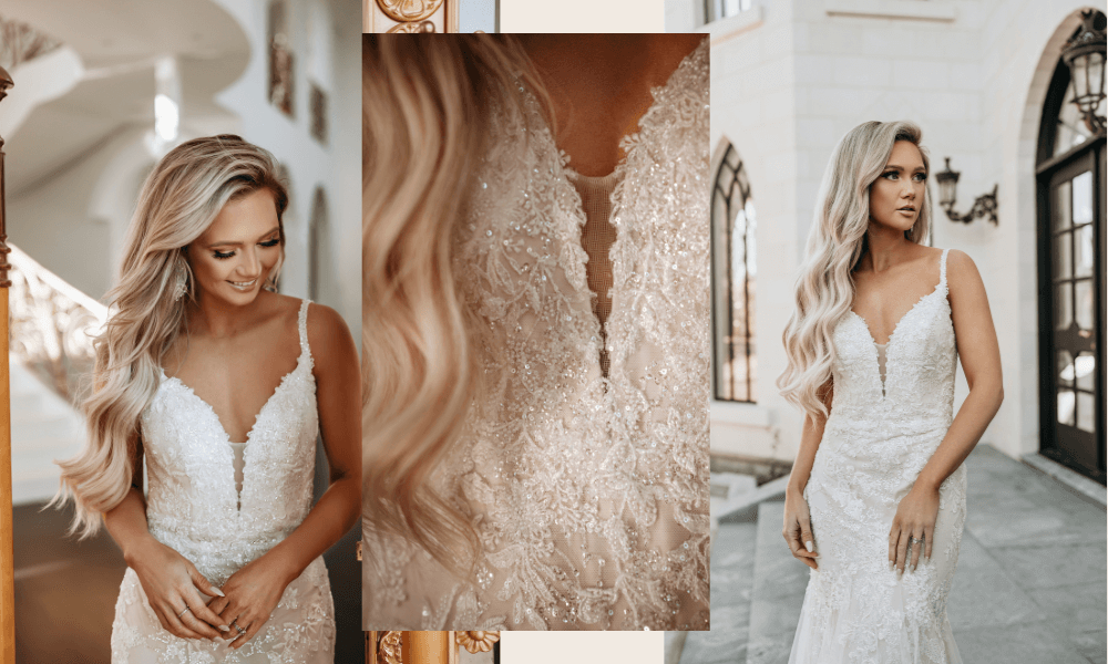 collage of beautiful lace and beaded bridal dress