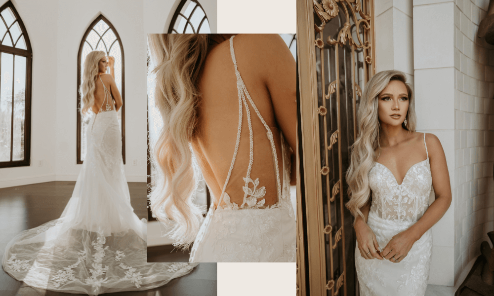 collage of a beautiful wedding dress with chiffon and lace corset and low back