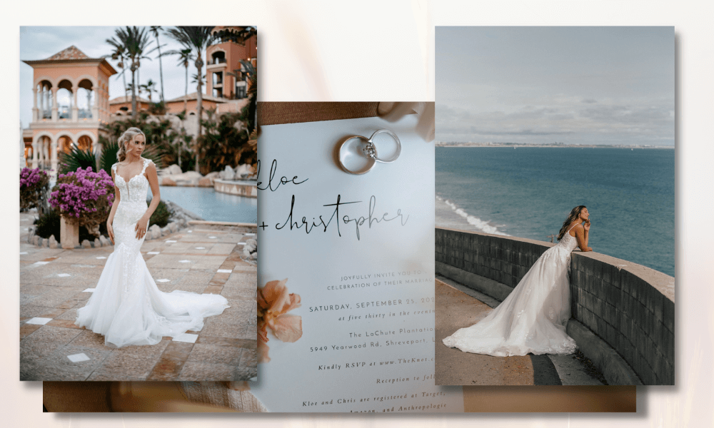 photos of 2 brides in different settings, and a photo of a wedding invitation card with two wedding rings