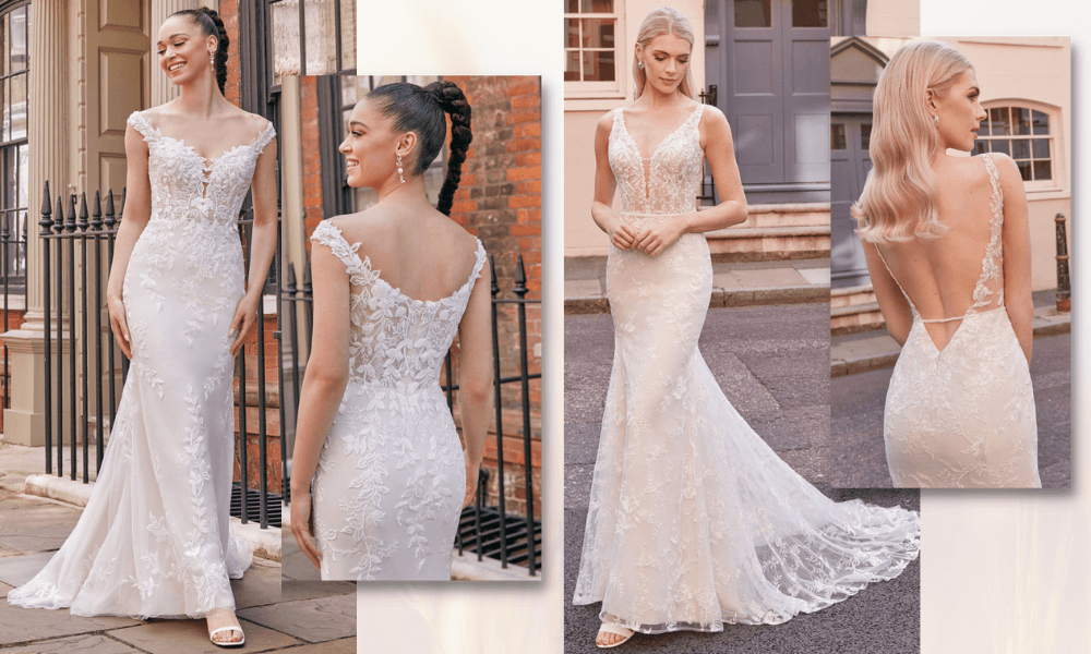 Karleen and Minka wedding dresses, sheaths in all-over lace