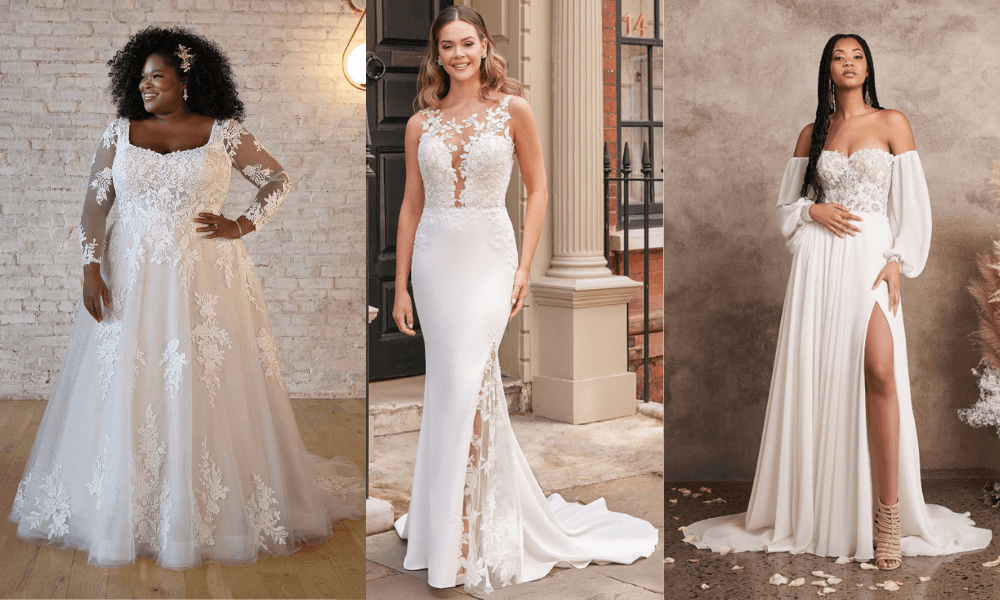 3 brides in different silhouette wedding dresses