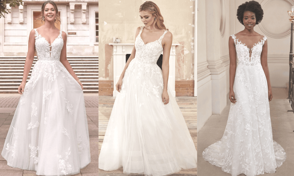 flowing lace and fuller skirts on the beautiful wedding dresses: Marchella, Suyana, and Evangeline